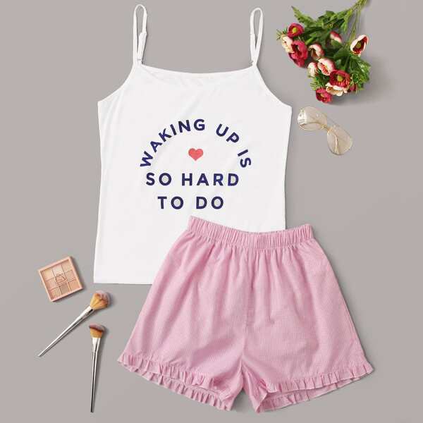 

Heart & Slogan Graphic Cami Top With Shorts PJ Set, Multicolor