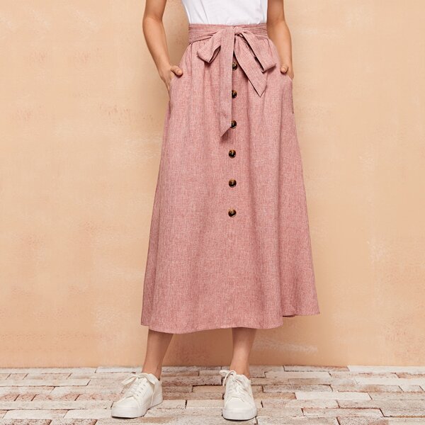 

Button Front Slant Pocket Linen Look Skirt, Red
