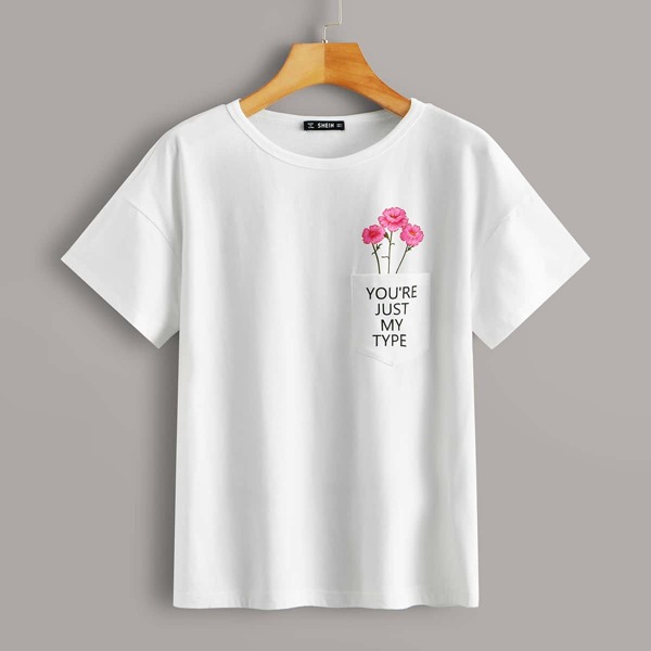

Drop Shoulder Floral & Slogan Graphic Patch Pocket Tee, White