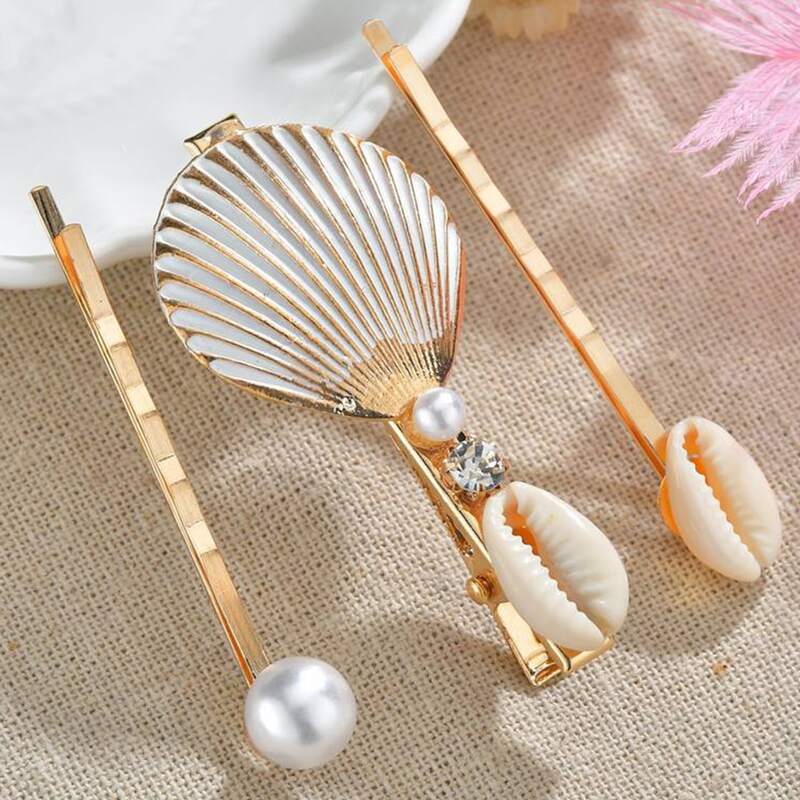 

3pcs Shell & Faux Pearl Decor Hair Clip, Multicolor
