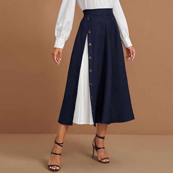 

Pleated Panel Button Side A-line Skirt, Navy