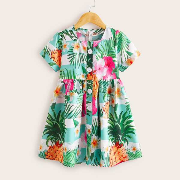 

Toddler Girls Tropical Print Button Front Dress, Multicolor