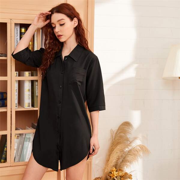 

Solid Button Up Pocket Front Night Dress, Black