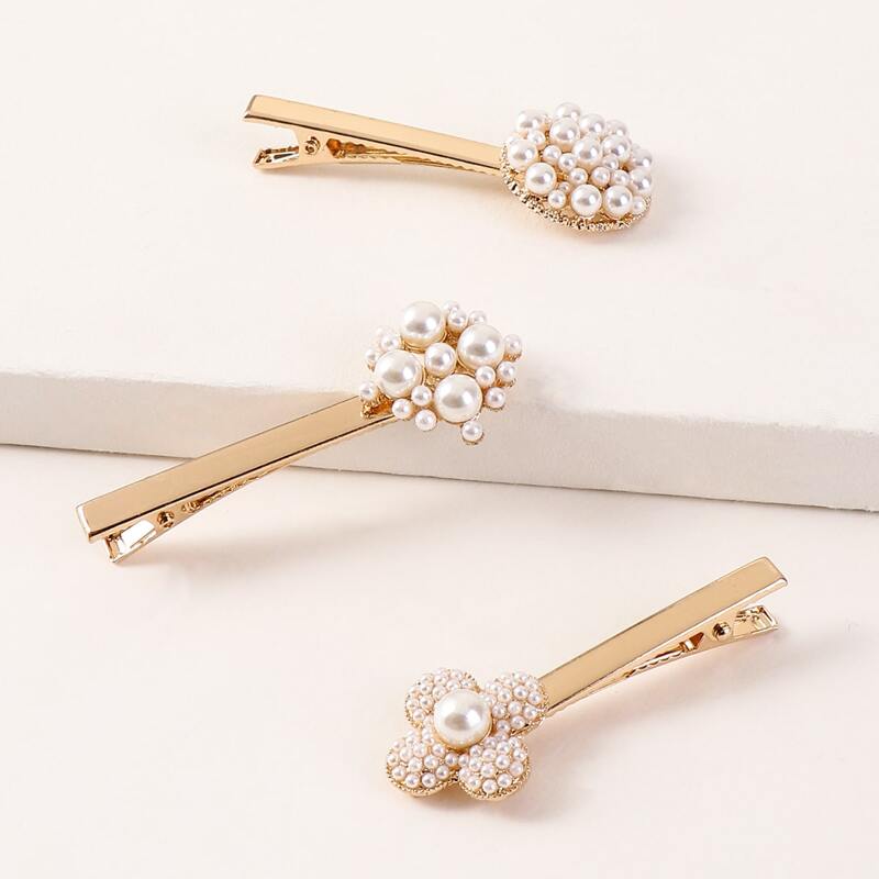 

3pcs Faux Pearl Decor Hair Clip, Gold