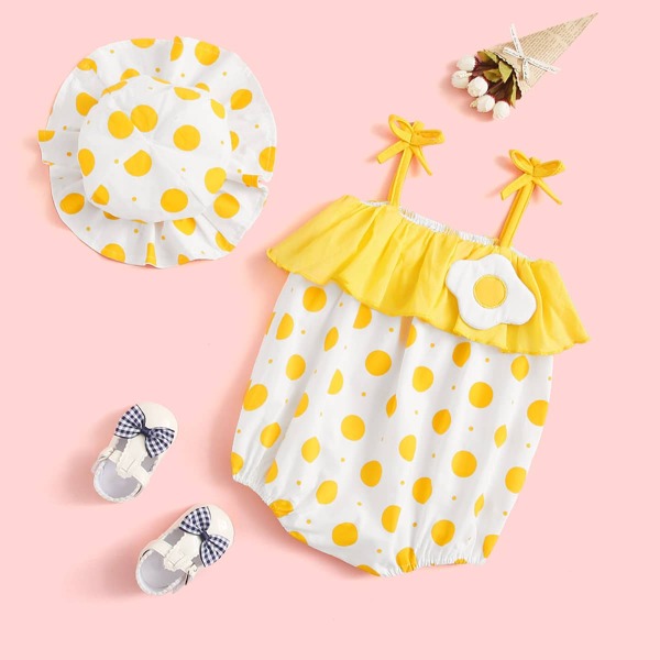 

Baby Girl Polka Dot Bow Ruffle Cami Bodysuit & Hat, Multicolor