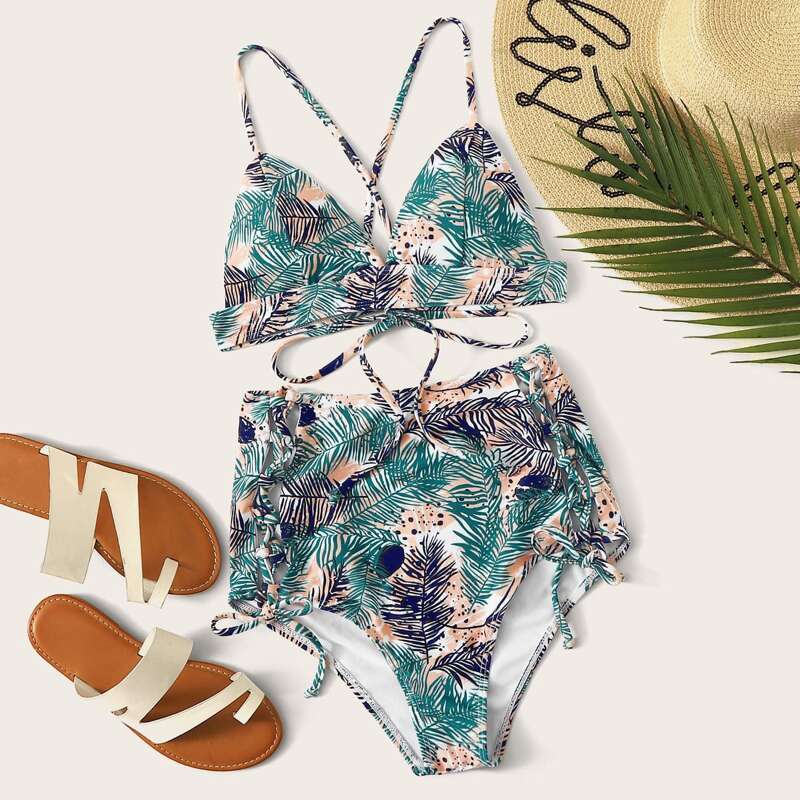 

Tropical Tie Back High Waisted Bikini Swimsuit, Multicolor