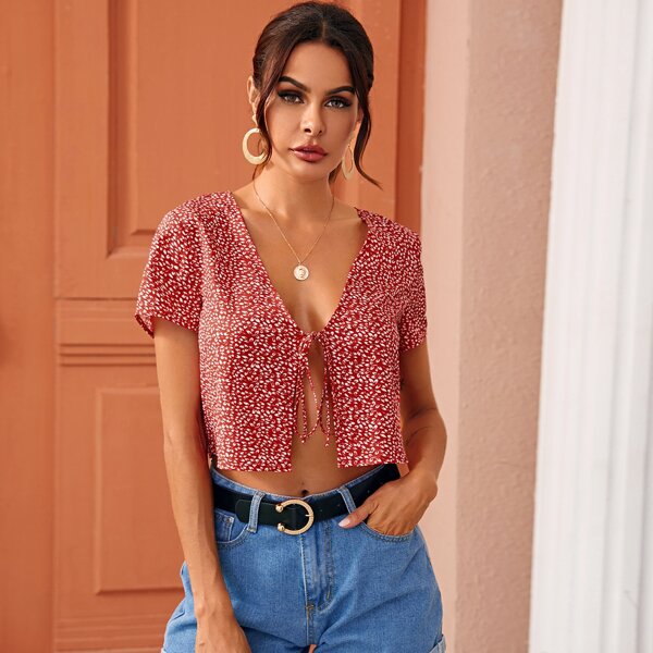 

Tie Front Ditsy Floral Top, Red