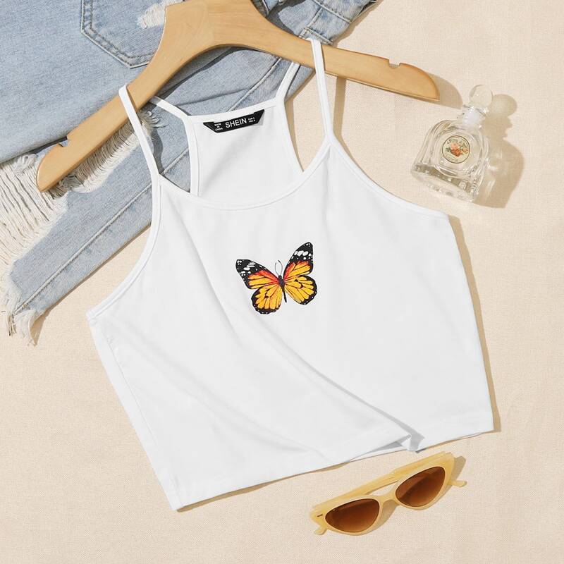 

Butterfly Print Racer Back Cami Top, White