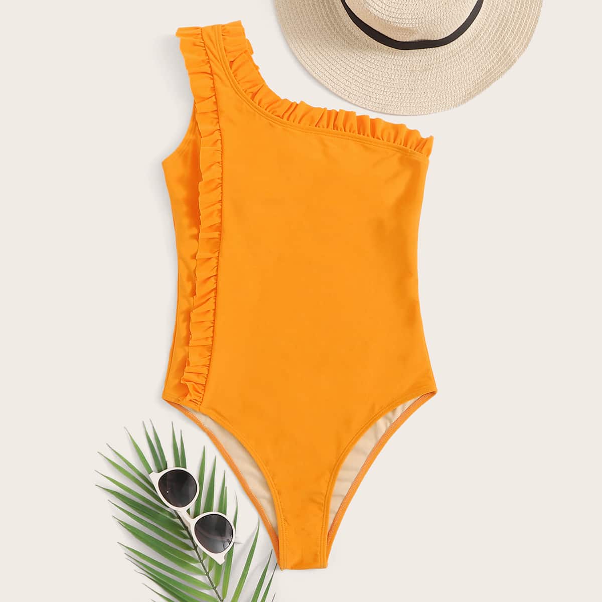 

Frill Trim One Shoulder One Piece Swimsuit, Yellow