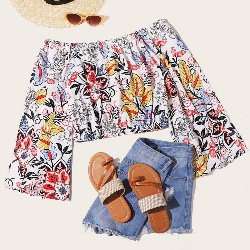 

Off Shoulder Tropical Print Top, Multicolor