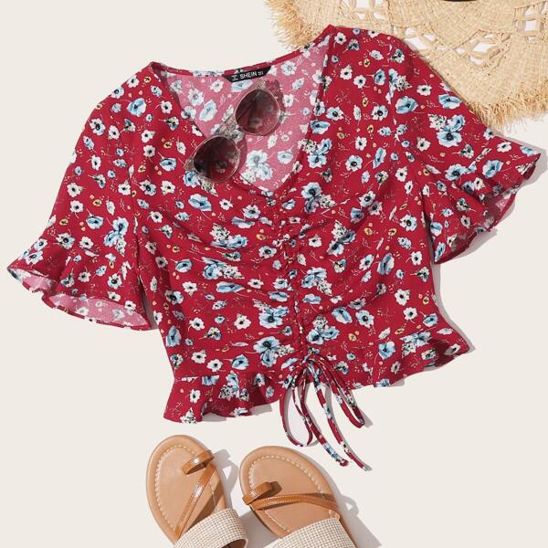 

Flounce Sleeve Ruched Drawstring Front Floral Print Top, Burgundy