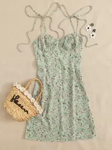 Soleia Knotted Shoulder Ruched Bust Ditsy Floral Cami Dress - Mint Green - View 1