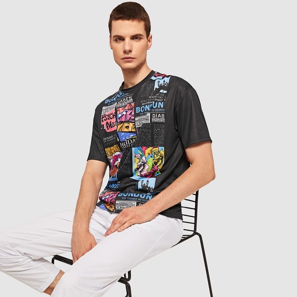

Men Comic Print Tee, Black