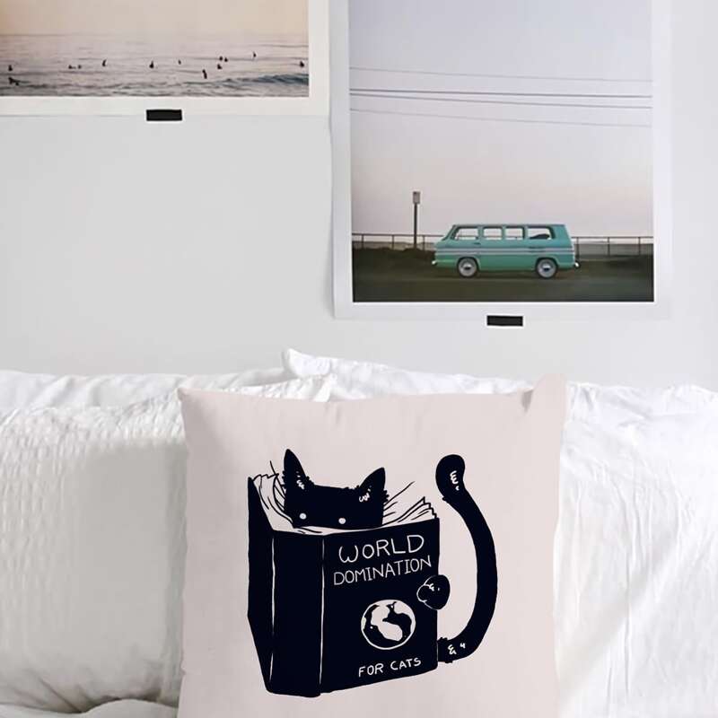 

Cartoon Cat Print Cushion Cover Without Filler, Black and white