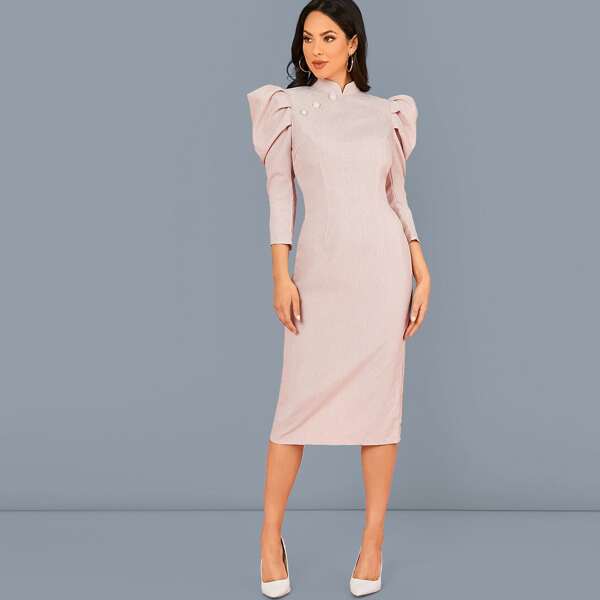 

Mandarin Collar Buttoned Front Leg-of-mutton Sleeve Dress, Pink pastel