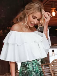 SHEIN 露肩荷葉邊多層上衣 - 白色 - 查看 1