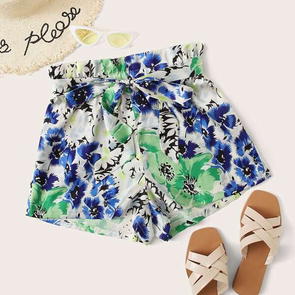 

Paperbag Waist Belted Floral Shorts, Multicolor