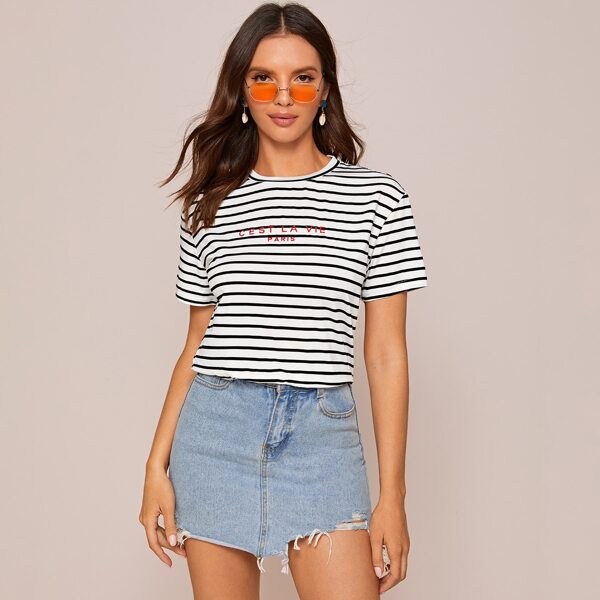 

Slogan Graphic Striped Tee, Black and white