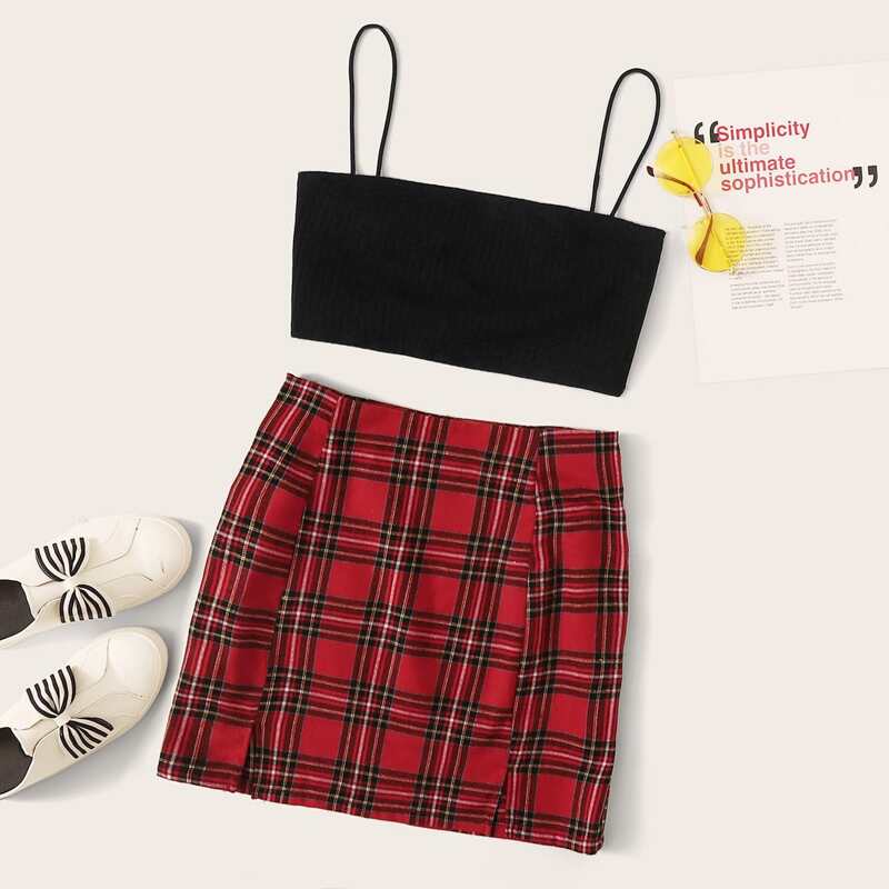 

Rib-knit Crop Cami Top and Split Tartan Skirt Set, Multicolor
