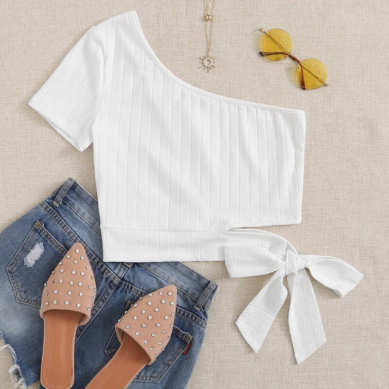 

One Shoulder Tie Side Rib-knit Crop Top, White