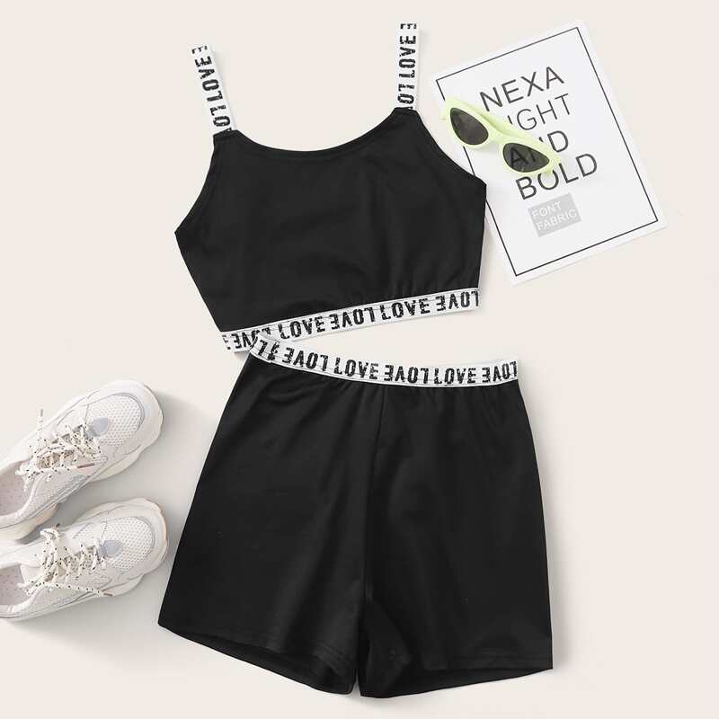 

Letter Tape Cami Crop Top With Shorts, Black