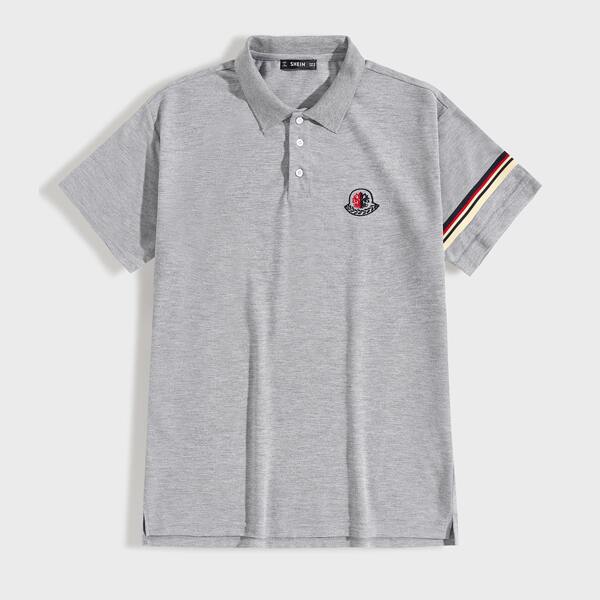 

Men Striped Tape Sleeve Embroidered Detail Polo Shirt, Grey
