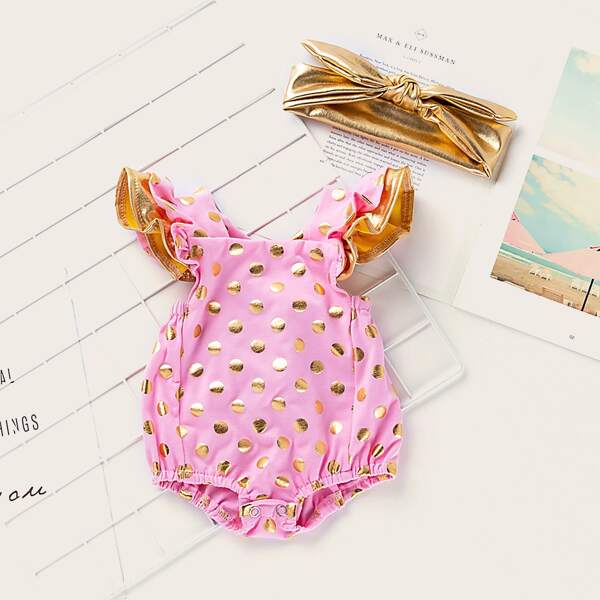 

Повязка на голову и комбинезон в горошек с бретельками, оборками для девочек, Розовые