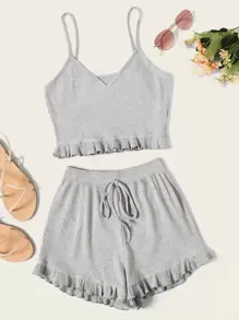Top de tirante tejido de canalé con shorts bajo fruncido - Gris - Ver 1