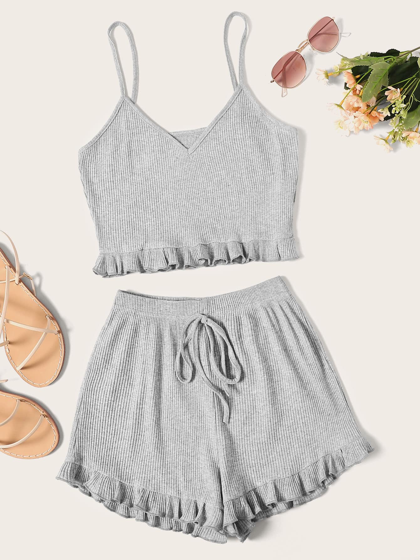 Top de tirante tejido de canalé con shorts bajo fruncido - Gris - Ver 1