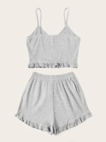 Top de tirante tejido de canalé con shorts bajo fruncido - Gris - Ver 2