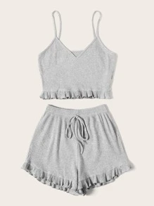 Top de tirante tejido de canalé con shorts bajo fruncido - Gris - Ver 4