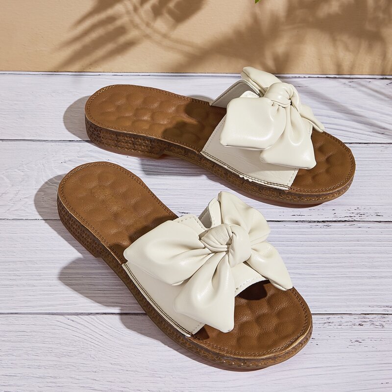 

Open Toe Bow Decor Sliders, Beige