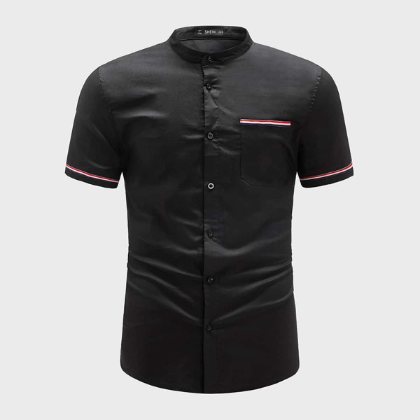 

Men Patch Pocket Striped Tape Detail Shirt, Black