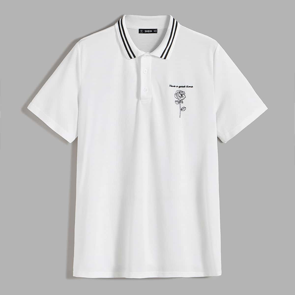 

Guys Slogan & Floral Embroidery Striped Polo Shirt, White