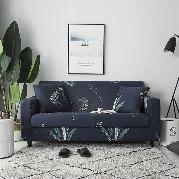 

1pc Leaf Print Stretchy Sofa Cover Without Cushion Cover, Navy blue