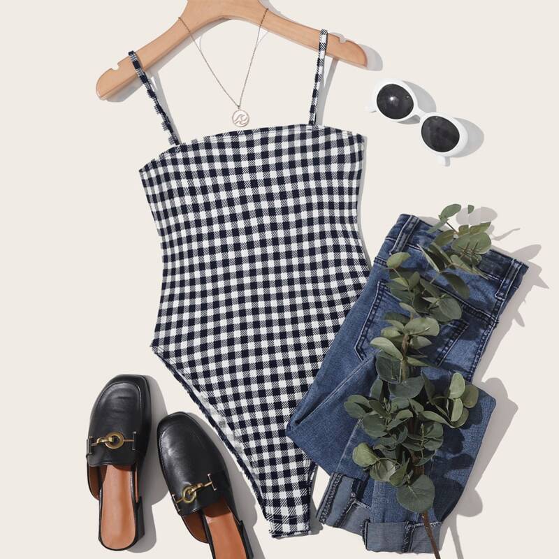 

Gingham High Cut Cami Bodysuit, Navy blue