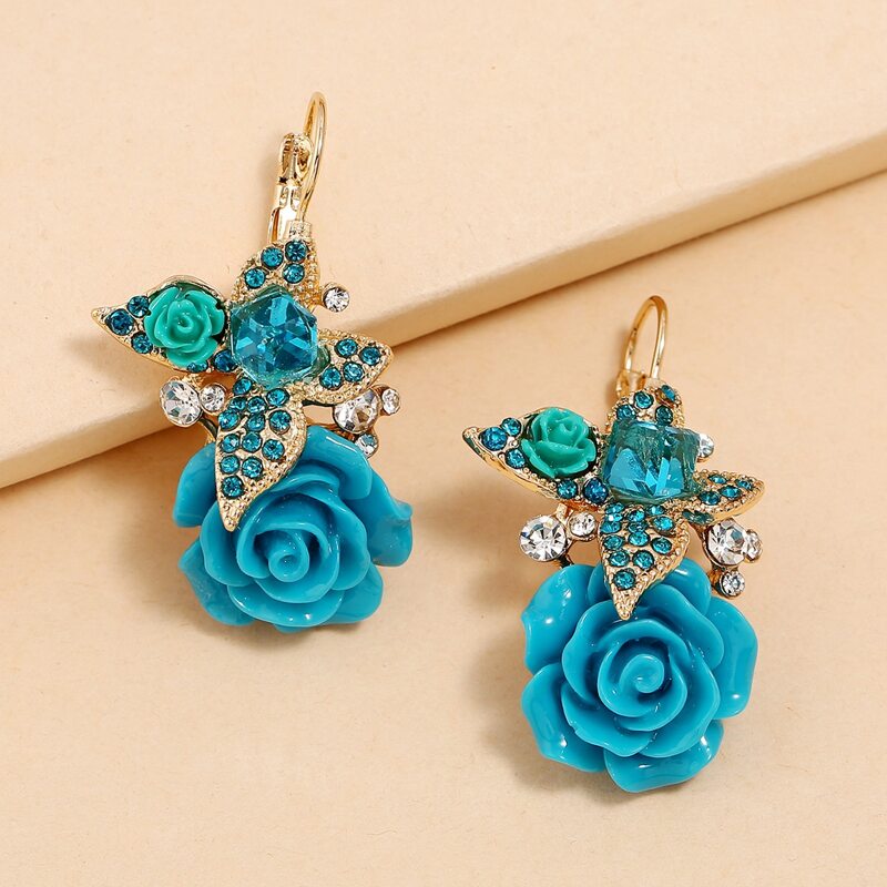 

1pair Rhinestone Engraved Floral Decor Earrings, Blue