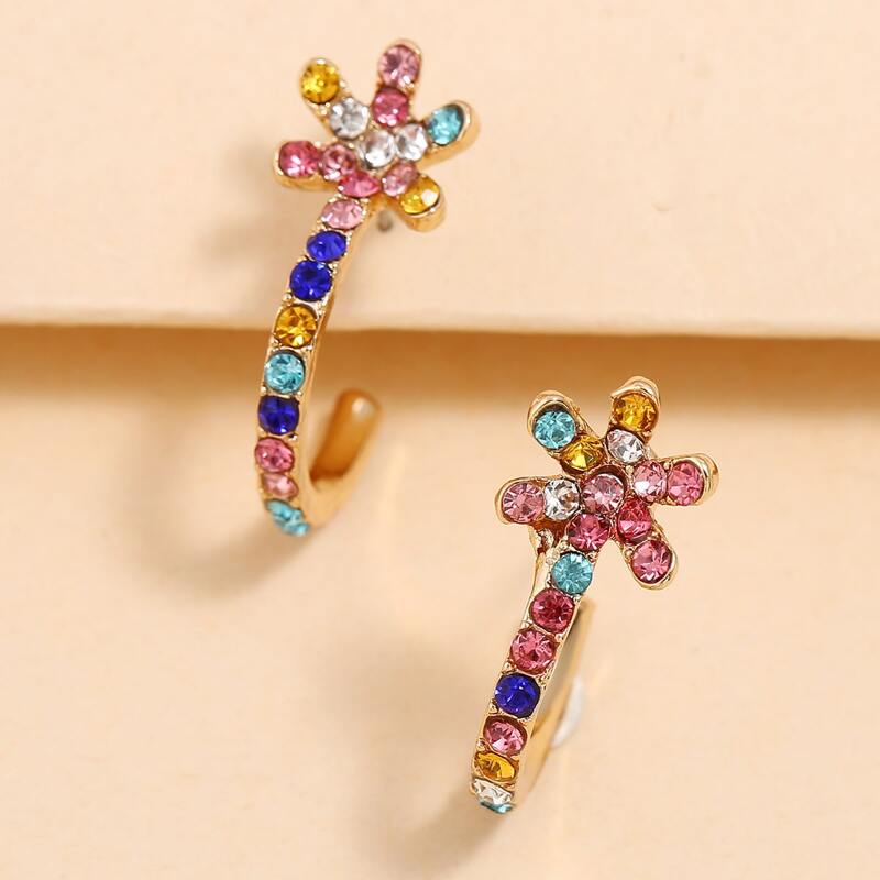 

1pair Rhinestone Engraved Floral Decor Earrings, Multicolor