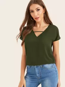 SHEIN LUNE Solid V-Cut Dolman Sleeve Top - Army Green - View 1