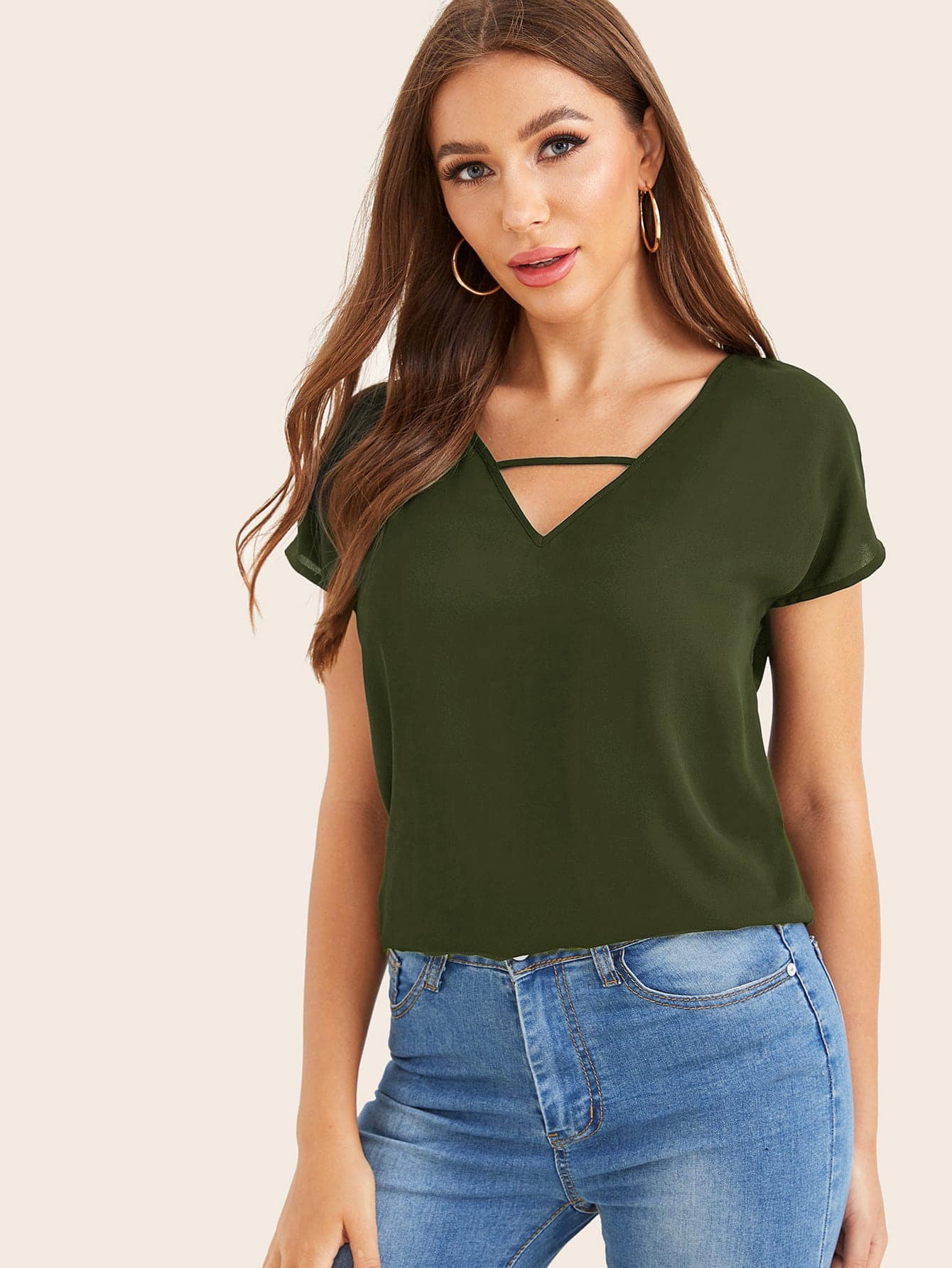 SHEIN LUNE Solid V-Cut Dolman Sleeve Top - Army Green - View 1