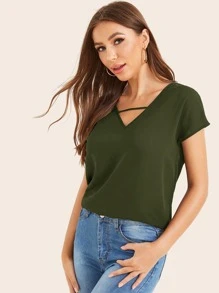 SHEIN LUNE Solid V-Cut Dolman Sleeve Top - Army Green - View 3