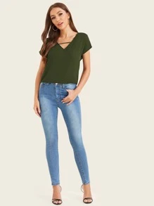 SHEIN LUNE Solid V-Cut Dolman Sleeve Top - Army Green - View 4