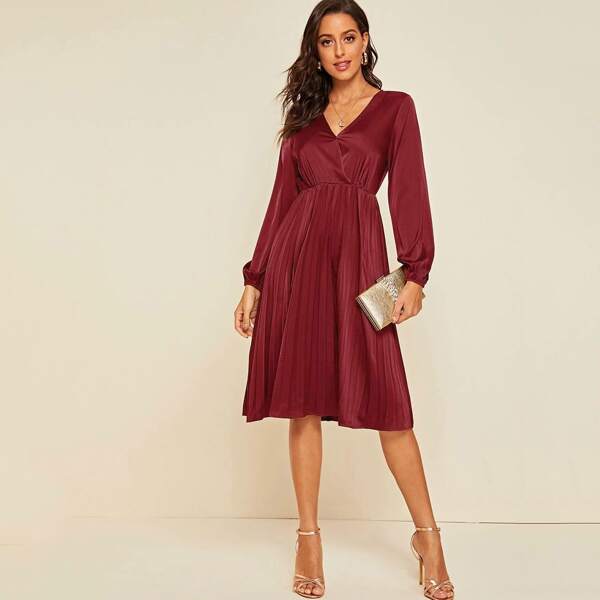 

Surplice Neck Pleated Satin Dress, Burgundy