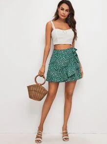 SHEIN Váy Thắt nút Họa tiết hoa màu xanh lá Boho - màu xanh lá - Xem 4