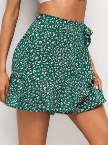 SHEIN Váy Thắt nút Họa tiết hoa màu xanh lá Boho - màu xanh lá - Xem 5