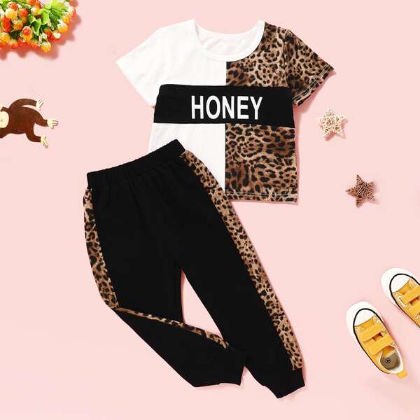 

Toddler Girls Contrast Leopard Letter Graphic Tee & Sweatpants, Multicolor