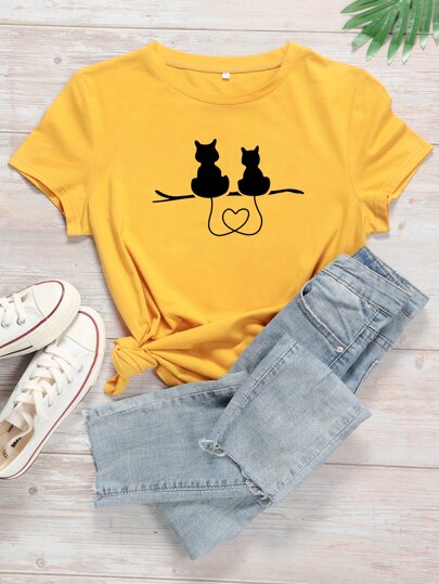 Plus Cartoon Cat & Heart Print Tee