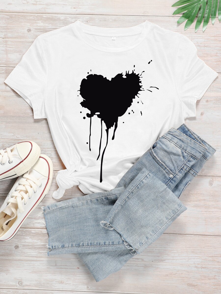 Camiseta con estampado de salpicadura de pintura y corazón - grande - Blanco - Ver 1