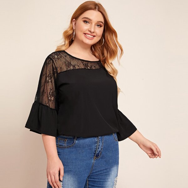 

Plus Contrast Lace Flounce Sleeve Blouse, Black
