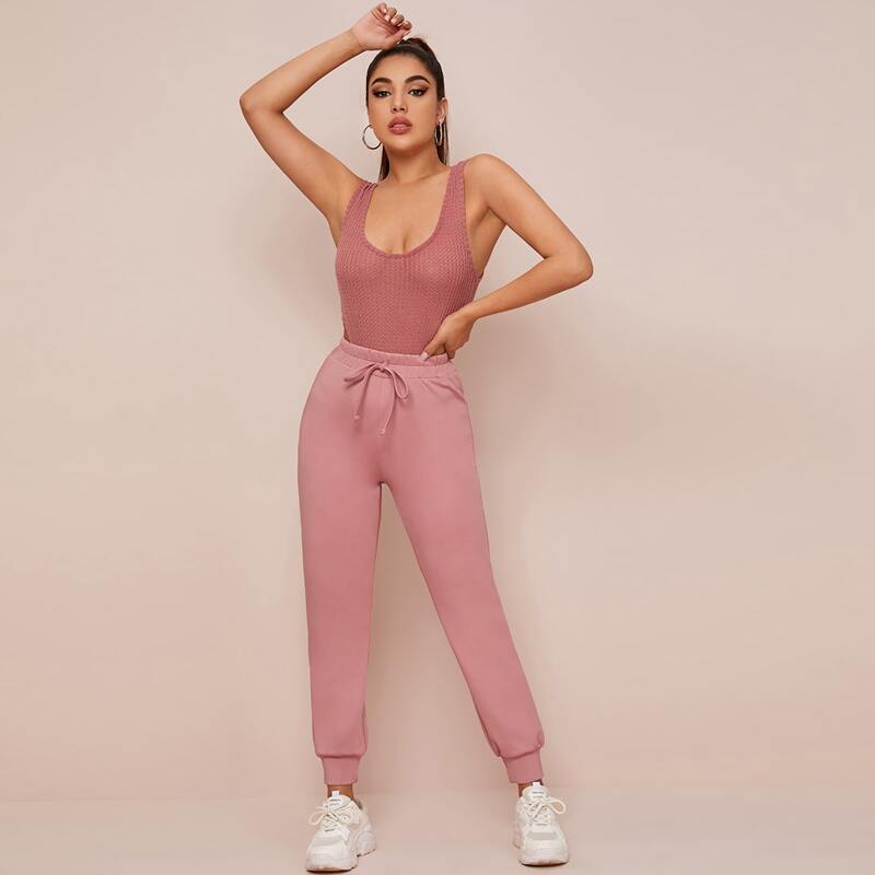 

Solid Bodysuit & Drawstring Pants PJ Set, Pink